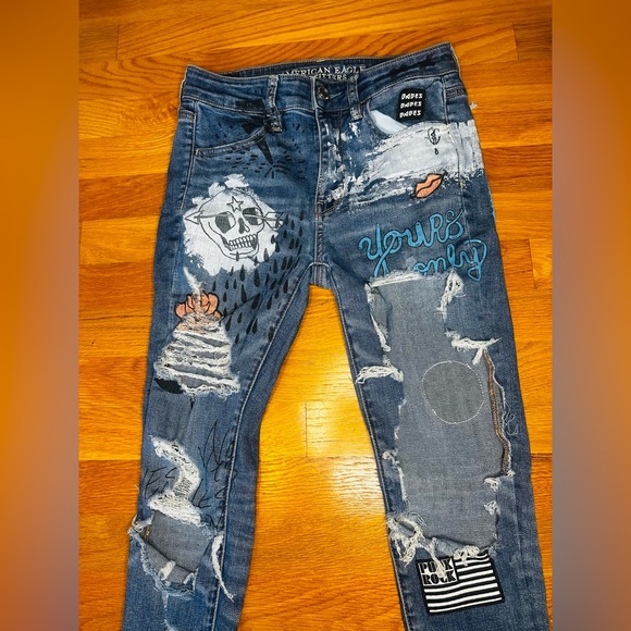 American Eagle Custom Distressed Skinny Jeans Size 2 Y2K Punk Grunge Streetwear - Picture 2 of 10